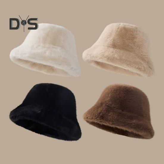 Damen Winter-Eimerhut, flauschiger Plüsch, kurze Krempe, einfarbig, Kuppel, winddicht, wärmend, Sonnenschutz, Fischermütze, Kopfbedeckung für Outdoor-Reisen