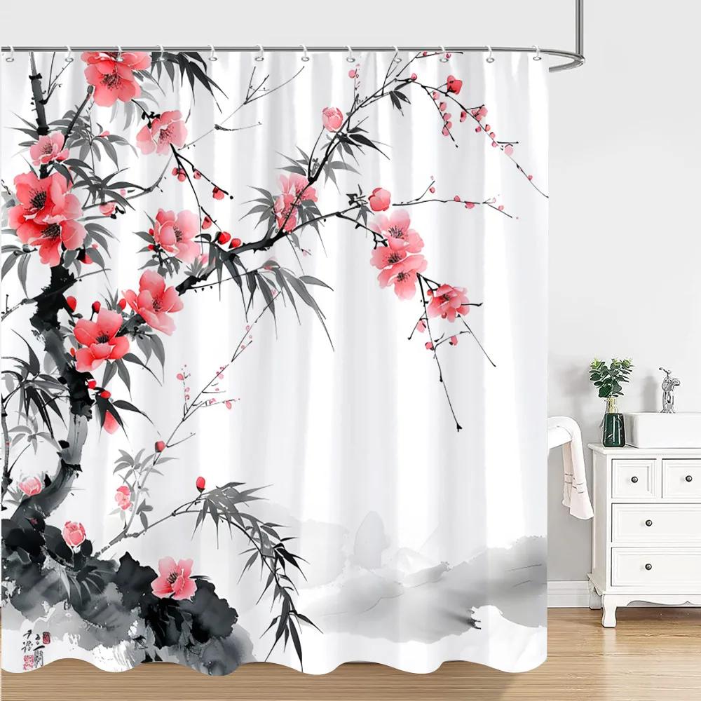 Chinese Japanese Ink Painting Shower Curtain Red Plum Blossom Art Painting Retro Style Polyester Shower Curtains Bathroom Deco
