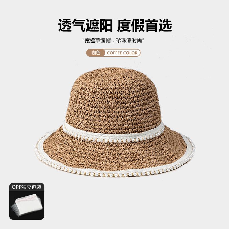 Pearl straw hat summer travel sunscreen sunshade bucket hat new straw seaside vacation net red hat