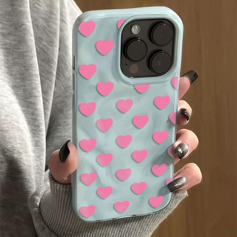 INS Korean Pink Heart Folds Texture Case For iPhone 17 16 15 14 13 12 11 Pro Max 16 Plus Candy Color Shockproof Soft Back Cover