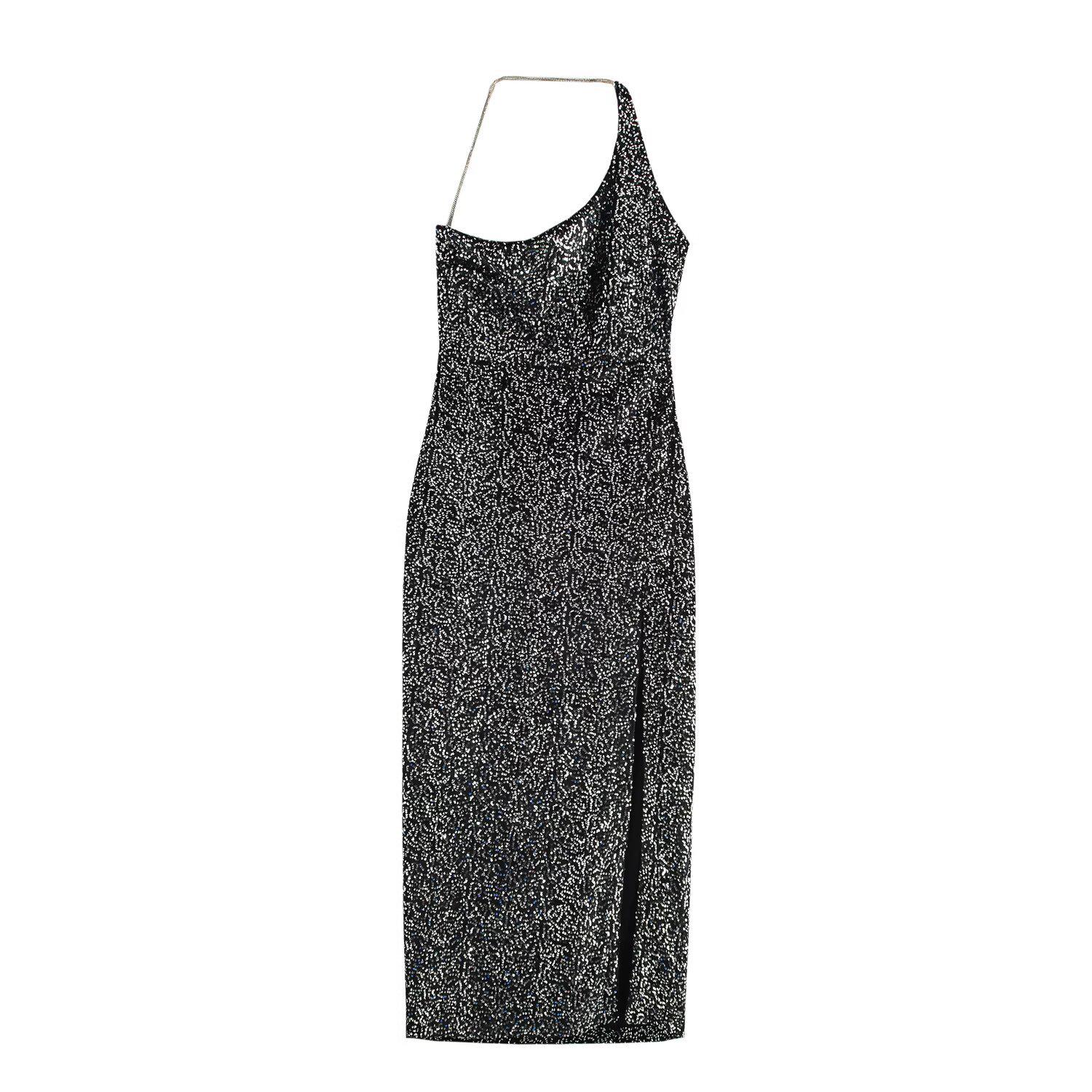Women s Luxury One-Shoulder Sequin Backless Slit Dress Large