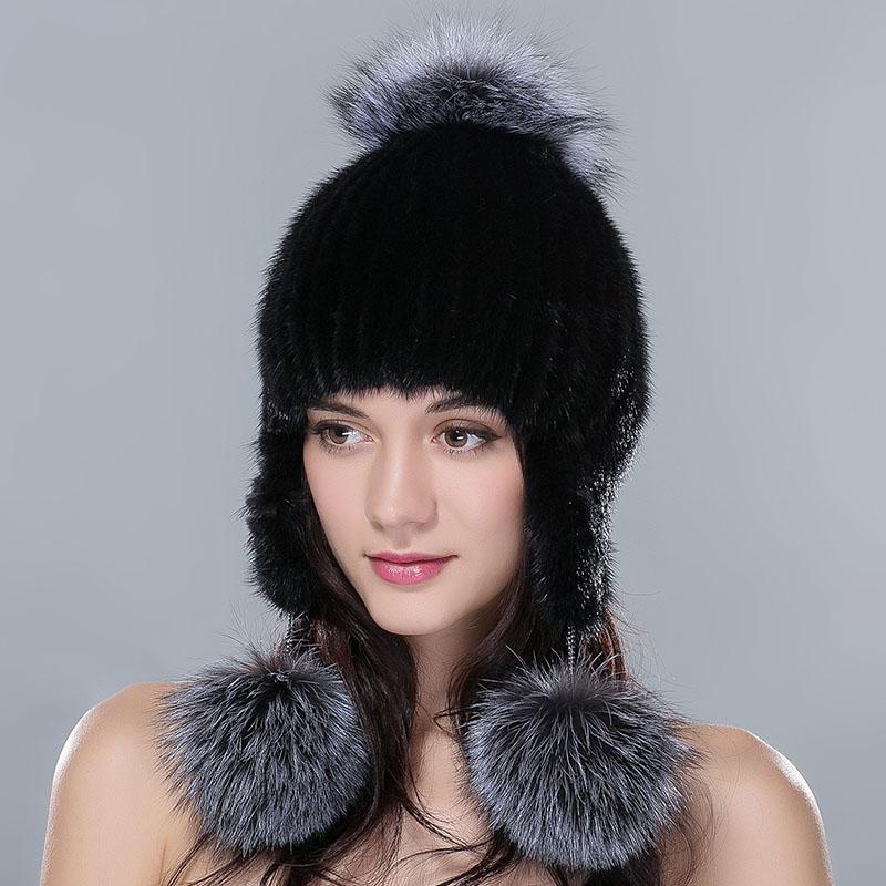 Winter Mink Fur Hat for Women Real Fur Strips Sewed Knit Beanie With Fox Fur Pompom Earflap Hats With Ear Protect Caps