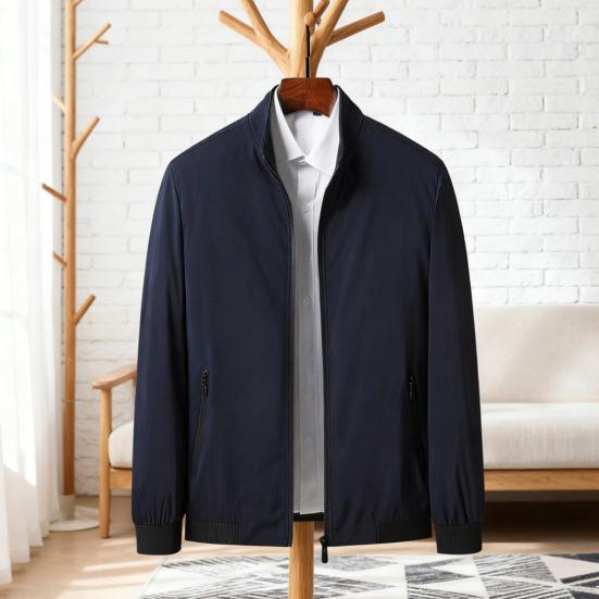 Men Jacket Stand Collar Long Sleeve Zipper Closure Windproof Jacket with Pockets Smart Temperament Men Outerwear