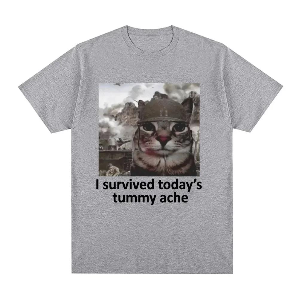 I Survived Today's Tummy Ache T-Shirt Funny Cat Meme Short Sleeve T Shirt Men Women Casual T Shirts Streetwear