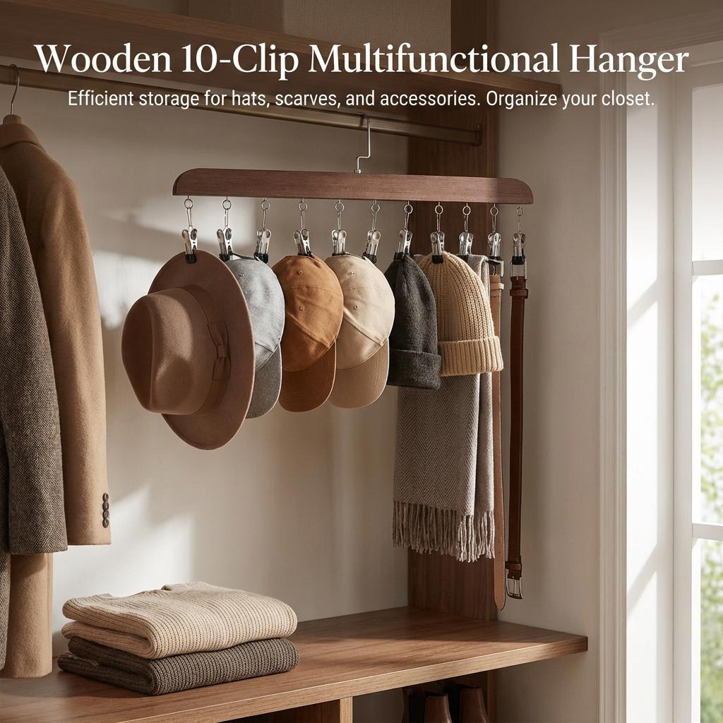 Solid Wood Hat Hooks Multifunctional Storage Hanger Space Saving Organizer For Home Closet Storage 10 Hooks