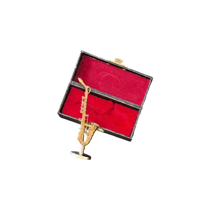 Миниатюрная модель саксофона-альта Латунная Позолоченная Ручная работа Декоративная С подставкой Для дома Офиса Музыкальной комнаты