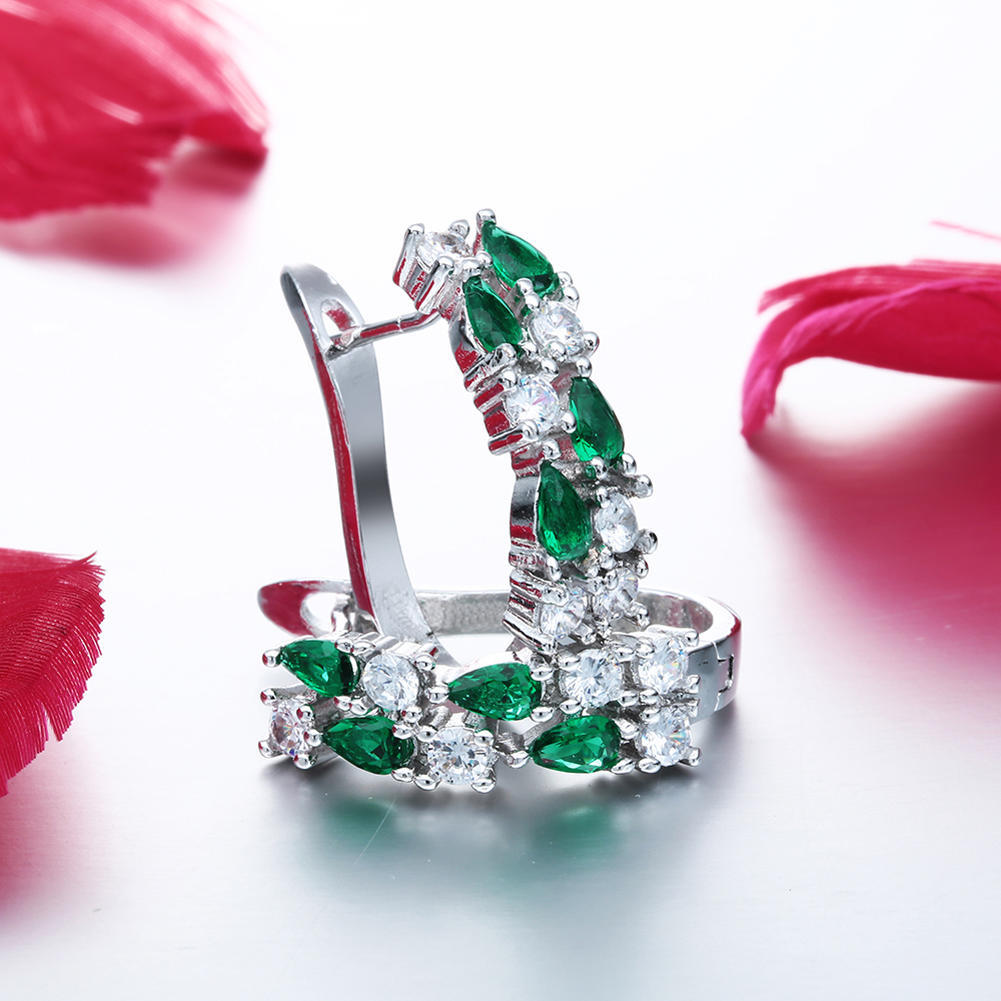 Women's Fashion Jewelry Silver Color Charm Green Crystal Stud Hoop Earrings Drop Earrings