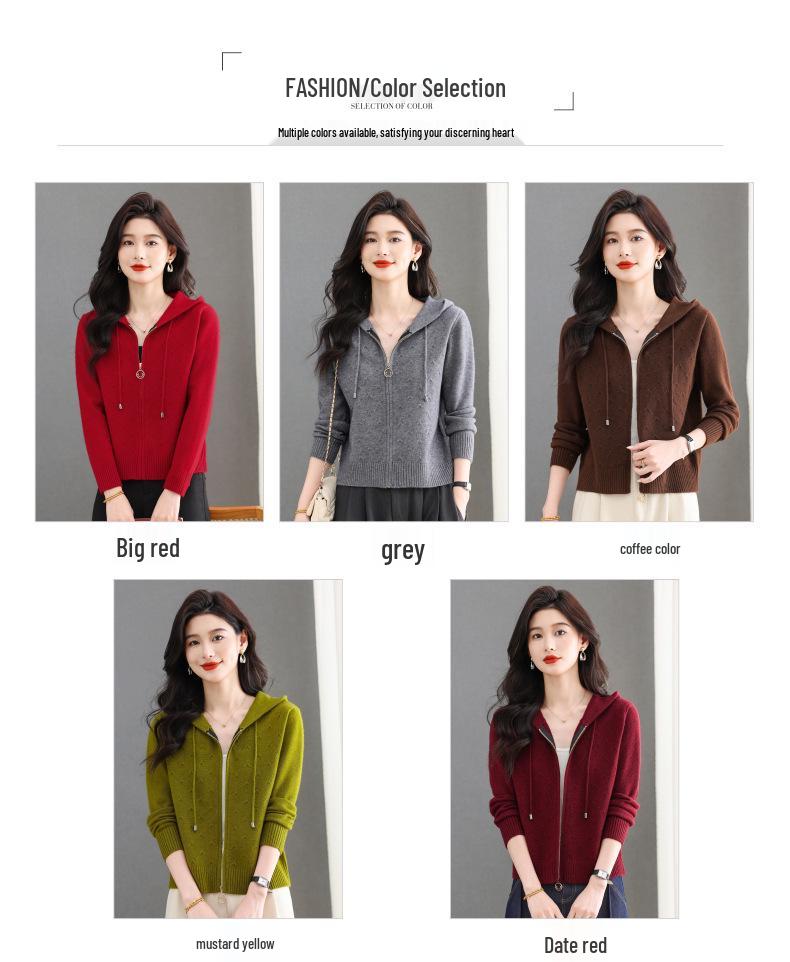 Damen-Strickjacke mit Kapuze und Reißverschluss für Frühling und Herbst