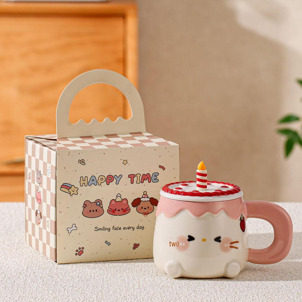 Cute Birthday Cat Candle Mug with Lid & Spoon - Heart Coffee Cup Gift