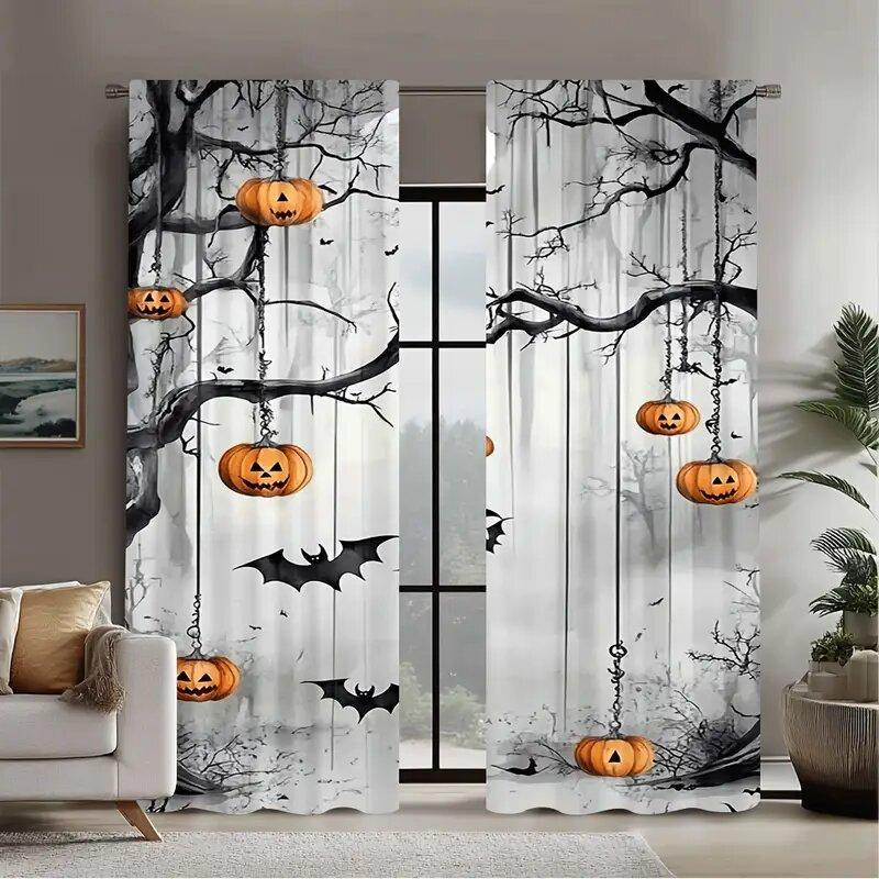 2PCS- Halloween night view pumpkin lantern pattern printed curtains   window decorations   home decorations   room decorations