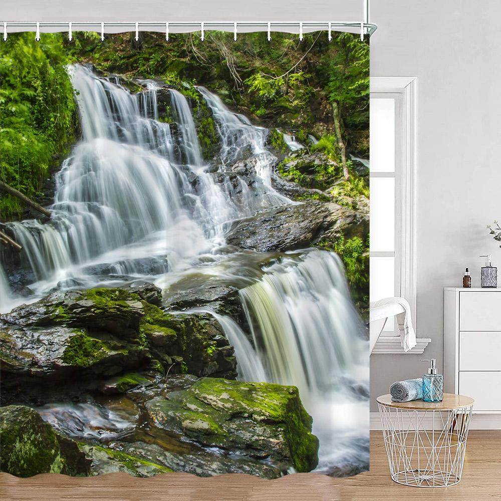 Waterfall Shower Curtains Natural Landscape Green Plants Forest Nature Greenery Home Decor for Bathroom Polyester Bath Curtain