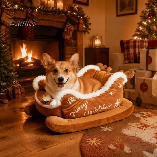 Plush Puppy Bed for Indoor Use Christmas Sleigh Dog with Non Slip Base, Calming Pet Sofa Durable Cats Outdoor, Fun House Puppies Pressure Relief