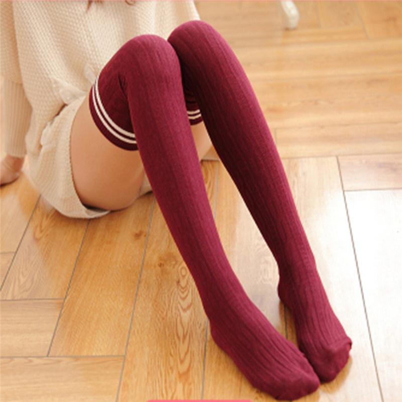 Girl Socks Long Socks Three Stripe Cotton Over Knee Thigh High Stockings