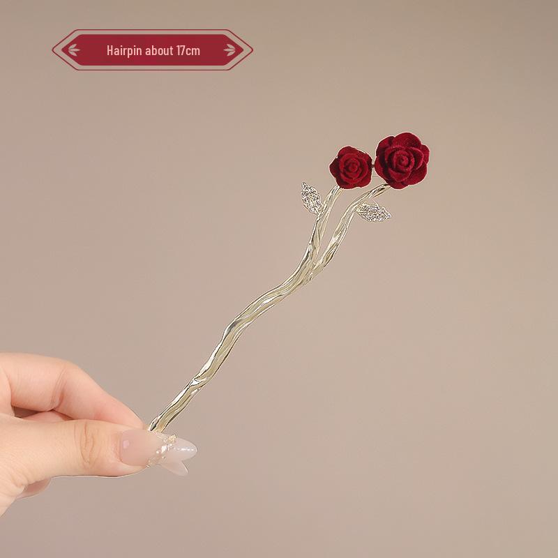 Elegant Red Rose Tassel Hairpin - U-shaped Hair Accessory for Women, Perfect for Updos and Traditional Attire.