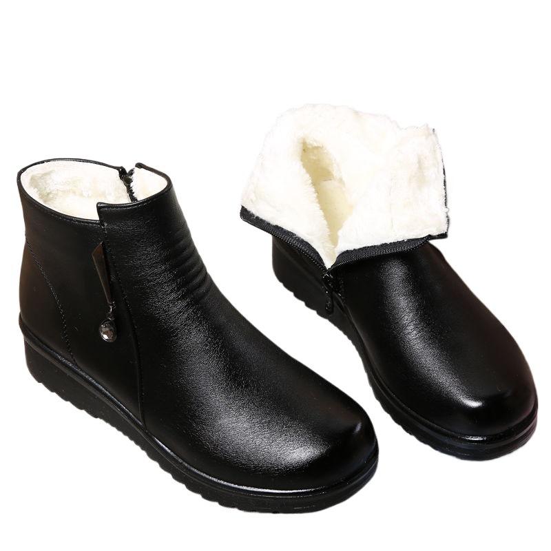 Mom Short Boots Warm and Fleece Flat-bottomed Non-slip Leather Shoes Women's Winter Middle-aged and Elderly Boots Fluffy Elderly Cotton Shoes Flat H