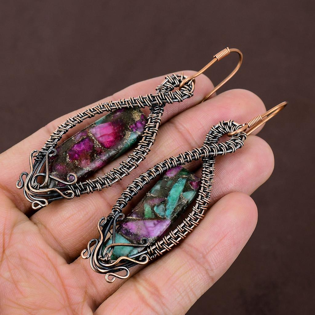 Ruby Zoisite Lab-Created Handmade Copper Wire Wrap Jewelry Earring 3.23 u9h53