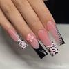 24Pcs Long Square Press On Nails Leopard Print French 3D Cherry Design False Nail Rhinestone Wearable Full Cover Fake Nails Tips