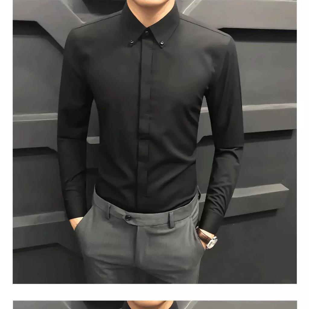 Spring and Autumn Korean Edition Polo Collar Panel Button Business Casual Slim Fit Non Ironing Men's Hidden Button Shirt