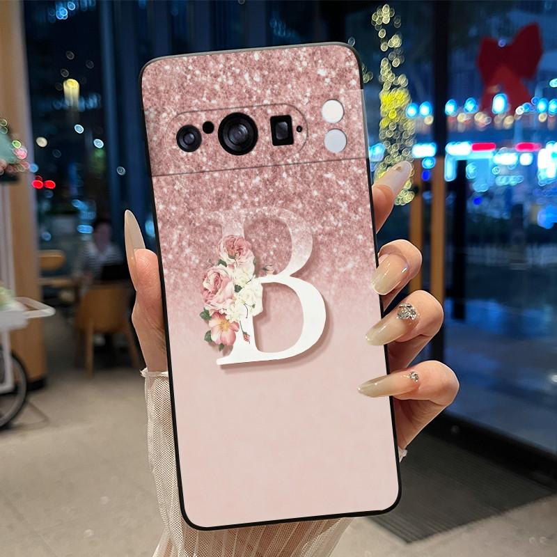 

Fashion Lucky A To Z Letter With Flower Phone Case For Google Pixel 8 Pro Soft Silicone Black Case Jelly Anti-scratch Shell Google Pixel 8 Pro