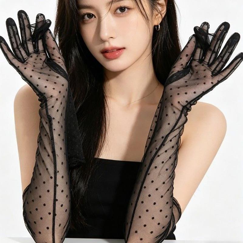

Gothic Lolita Girl Gauze Wavy Dot Sheer Lace Mesh Long Gloves Japanese Sweet Maid Cosplay Accessory Stage Performance One Size