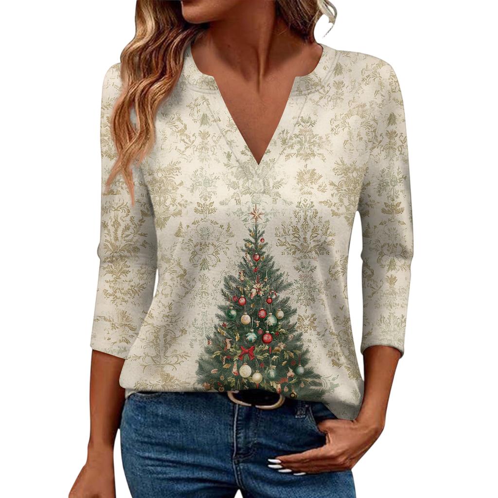 Women's Casual Fashionable Sexy Comfortable V-Neck Christmas Three-Quarter Sleeve Top