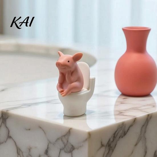 Pig Collectible Figurine Miniature Pink Toilet Figurine, Sitting on Thinking Ornament Statue, Cartoon Farm Animal Decoration for Home,