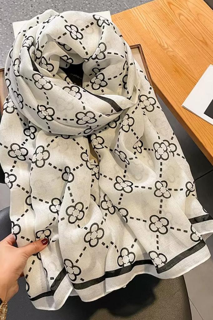 Lucky Clover Viscose Scarf 180x85cm White with Black Clovers