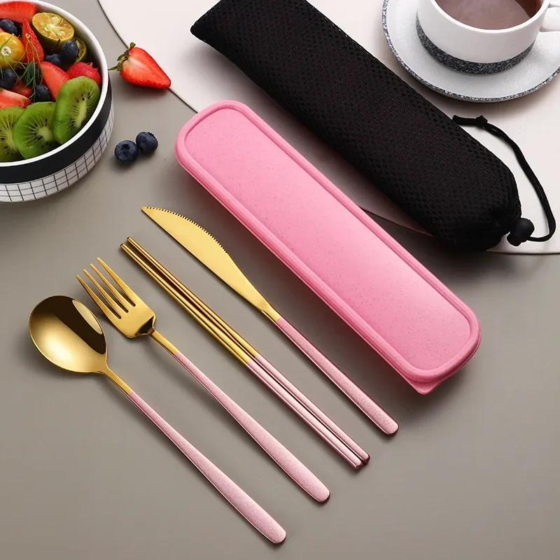 Tableware Set 304 Stainless Steel Portable Cutlery Dinner Knife Fork Spoon Chopsticks Four-piece Suit with Box Travel Flatware