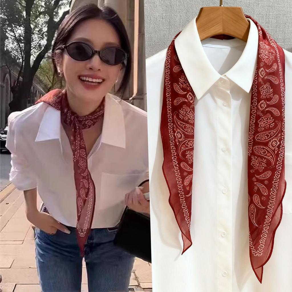 Coffee brown cashew flower triangle scarf silk scarf women's new small square scarf with shirt tie neck accessories neck accessories