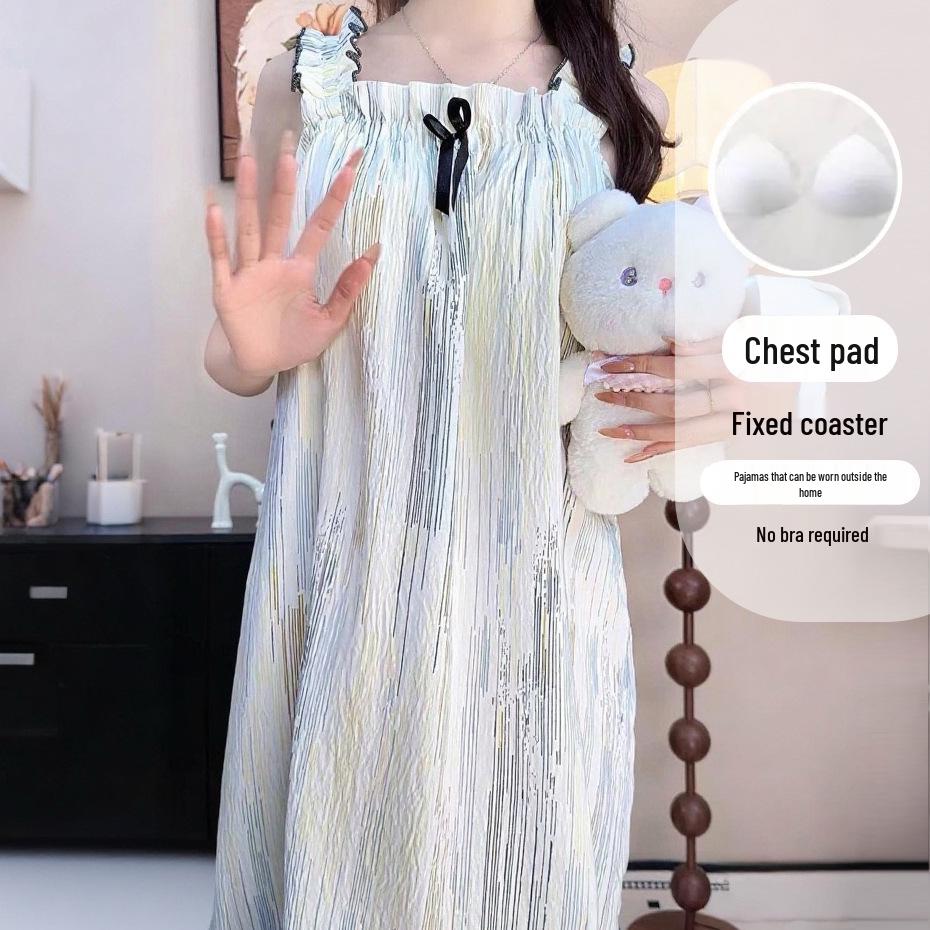 2026 Summer Women's Cartoon Padded Strappy Loose Nightgown Dress Pajamas - Sweet Outdoor Style
