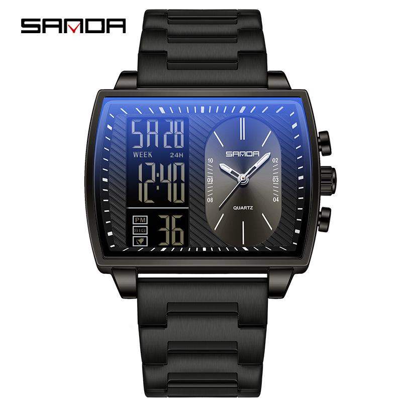 שעון ספורט רב-תכליתי עמיד למים לגברים מבית Sanda עם תצוגה כפולה מסוגננת.