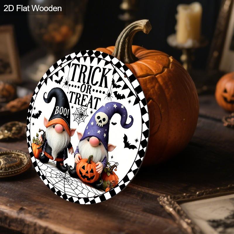 Cartoon Style Wooden Halloween Sign with Adorable Gnomes Pattern - Trick or Treat Figurine Ornaments - Ideal for Front Door, Wall, Room Decor