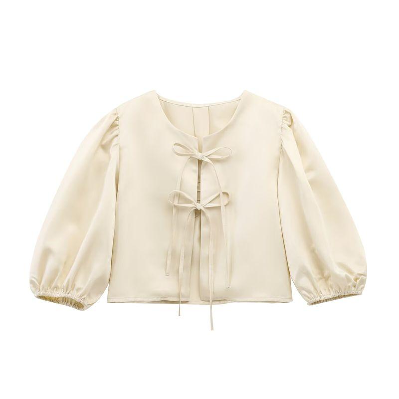 Zbzr Spring New Women clothes Western Style Casual Simplicity Silk Satin Texture Puff sleeve Bow Short Jacket