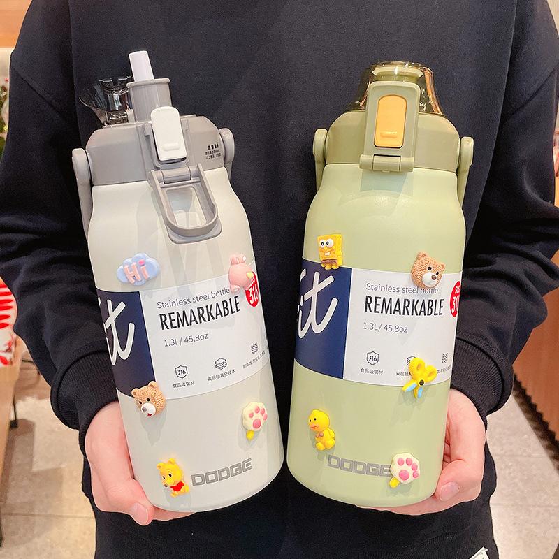 

1300 мл/1700 мл большой емкости соломенный термос, бутылка для воды, стакан, портативный термос из нержавеющей стали, изолированная чашка, милый горшок