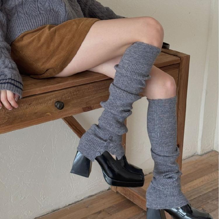 Harajuku Women's Leggings Gaiters Soft Acrylic Knitted Winter Leg Warmers Footless Socks with Side Split Buttons Decors