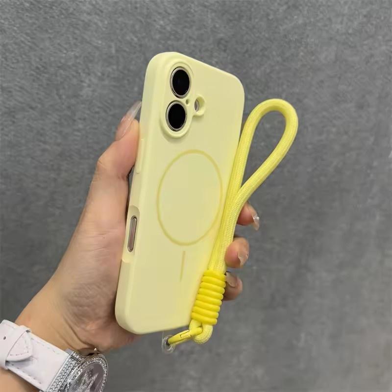 

Конфетный чехол из жидкого силикона Magsafe для iPhone 16 15 14 Plus 13 12 Pro Max Мягкий противоударный магнитный чехол со шнурком iPhone 16 жёлтый