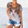 Summer V-neck 3D Printed Funny Cat Pattern Top Fashionable Casual Short Sleeved Women's T-shirts
