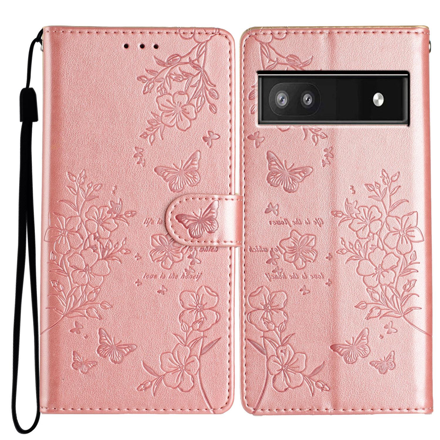 

For Google Pixel 7a Case Butterfly Floral Imprint Leather Stand Phone Cover Rose Gold