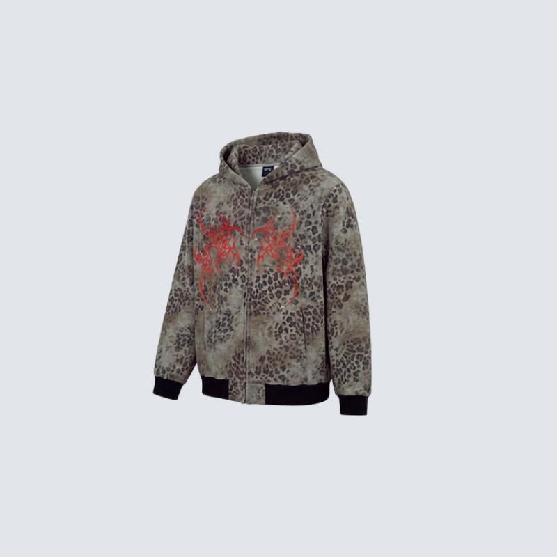 Vintage Leopard Print Hooded Zip-Up Sweatshirt With Red Thorn Studs Streetwear Unisex Oversized Casual Top