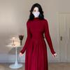 Apricot Long-sleeved Base Semi-turtleneck Knitted Dress for Women's Autumn and Winter Inner Fit Slim-fitting High-waisted A-word Sweater Long Skirt