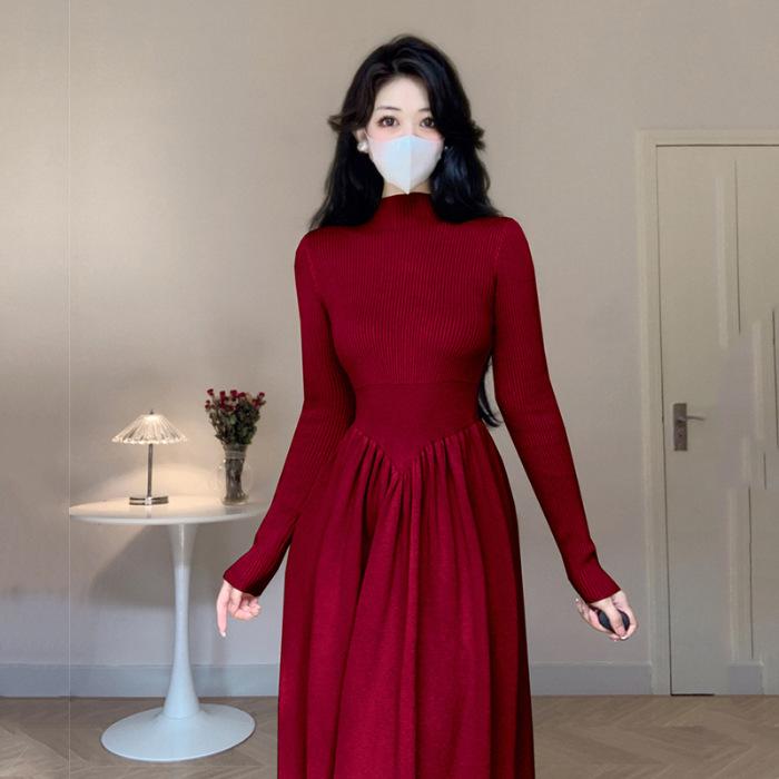 Apricot Long-sleeved Base Semi-turtleneck Knitted Dress for Women's Autumn and Winter Inner Fit Slim-fitting High-waisted A-word Sweater Long Skirt