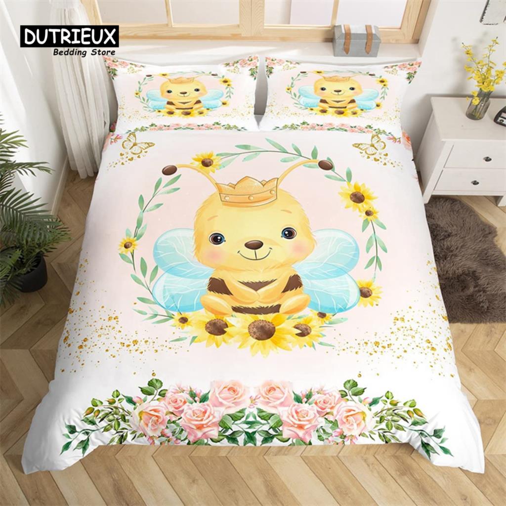 Niedliches Milchkuh Bettwäsche-Set King Cartoon Tier Bettbezug Botanisch Floral Steppdeckenbezug Mikrofaser Bauernhaus Tagesdecke Bezug