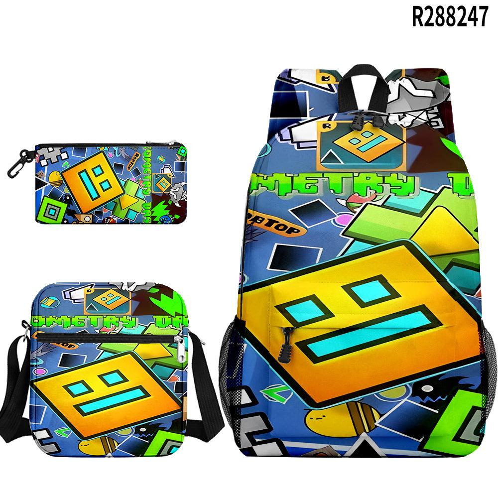 Popular Cool Geometry Dash 3D Printed 3pcs/Set Pupil School Bags Laptop Daypack Backpack Inclined Shoulder Bag Pencil Case