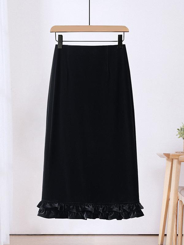 Elegant Lace Gold Velvet A-Line Skirt for Women, High Waist with Side and Back Slits, Perfect for Spring-Winter 2026