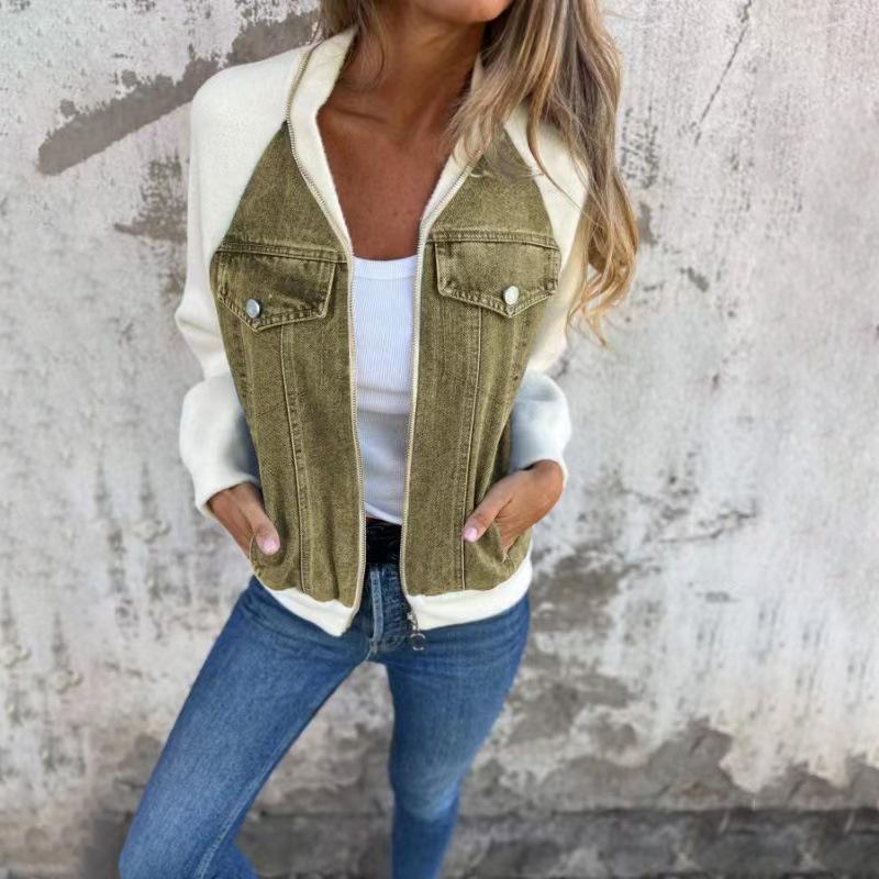 Denim Patchwork Knit Cardigan with Zipper Closure, Multiple Color Options
