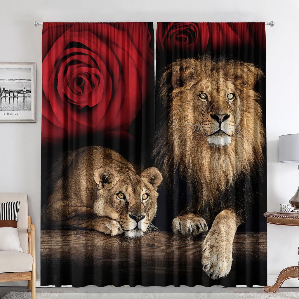 2PC Curtains With Animal Avatars Printed On Lions   Tigers   And Leopards Are Suitable For Kitchens   Cafes   Living Rooms   Balconie