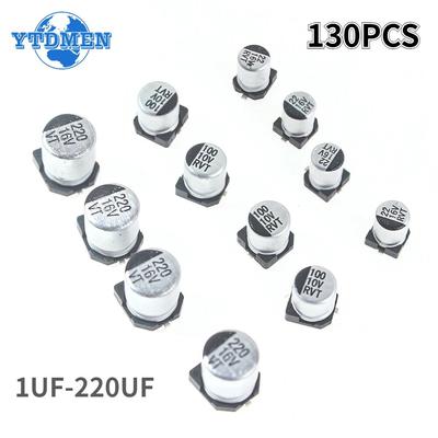 130PCS SMD Aluminum Electrolytic Capacitor Kit 13 Values 1UF-220UF Set of Capacitors Assorted Pack 16V 25V 50V 4.7UF 10UF 22UF