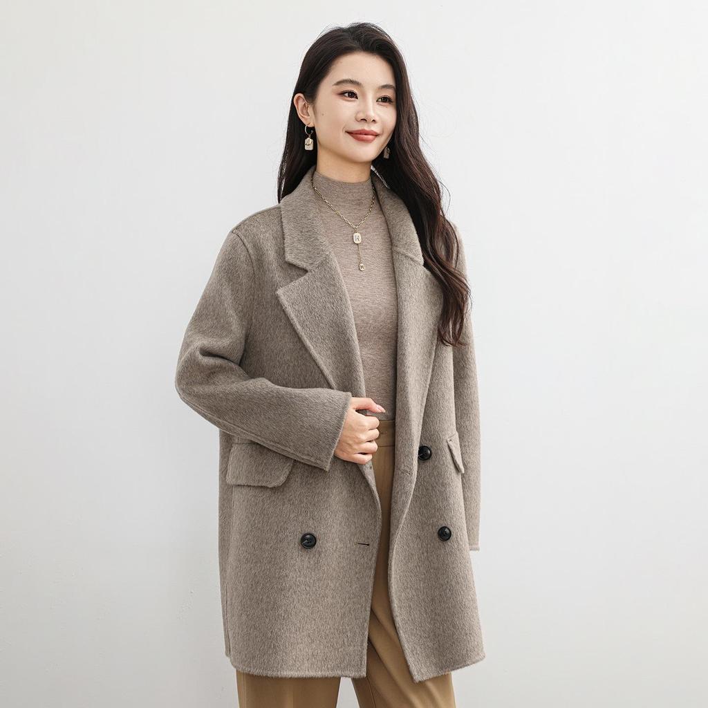 2025 Autumn/Winter Women's Double-Sided Cashmere Coat - Mid-Length, Suit Collar, Korean Style, Age-Defying Elegance