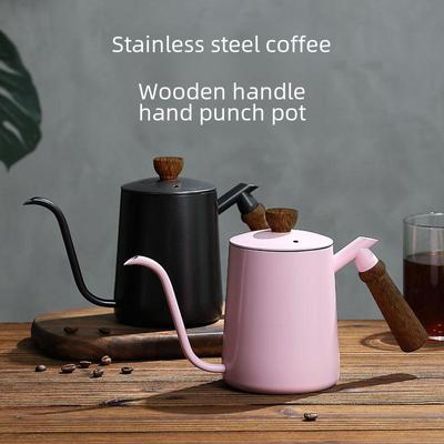 304 Stainless Steel Coffee Pot with Wood Handle, Narrow Spout, Lid, and Hanging Ear, 600ml