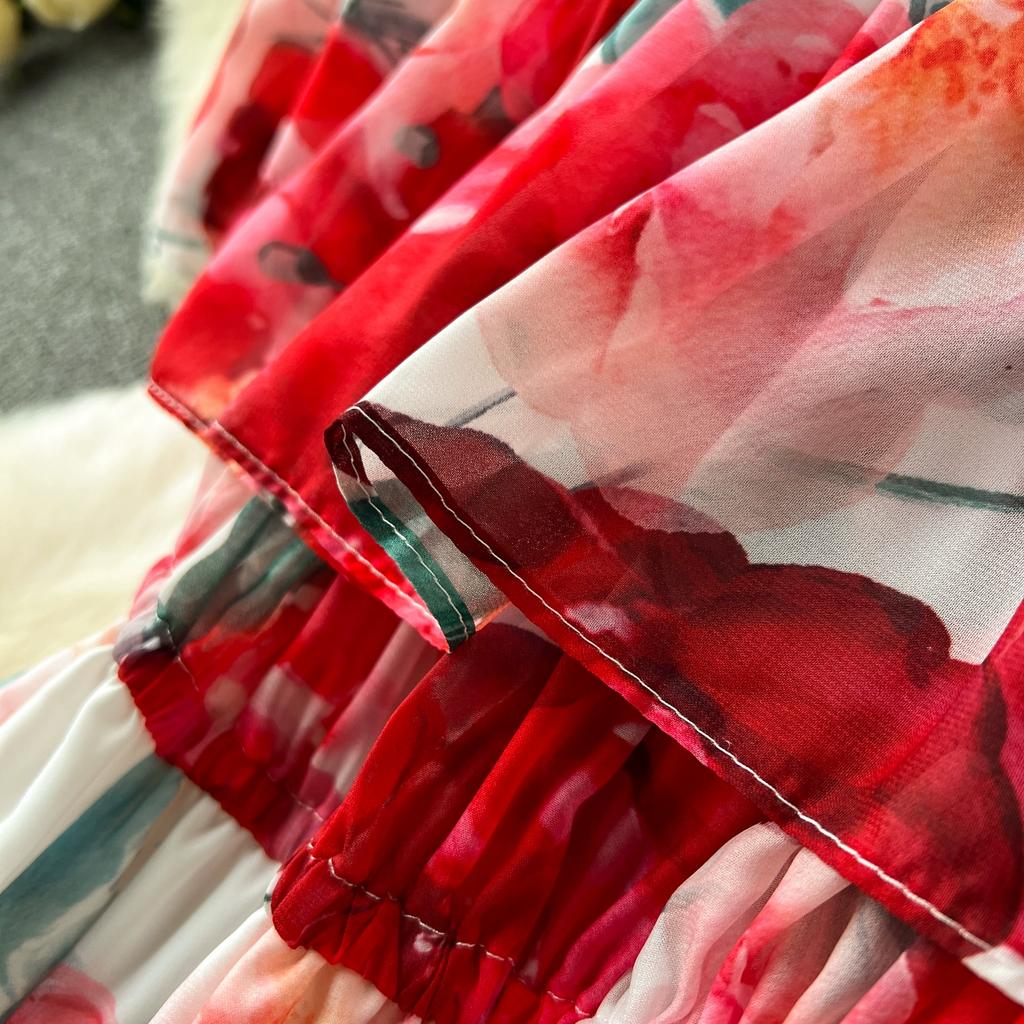 Summer Off Shoulder Gorgeous Flower Holiday Chiffon Dress Women Slash Neck Floral Print Elastic Waist Long Robes